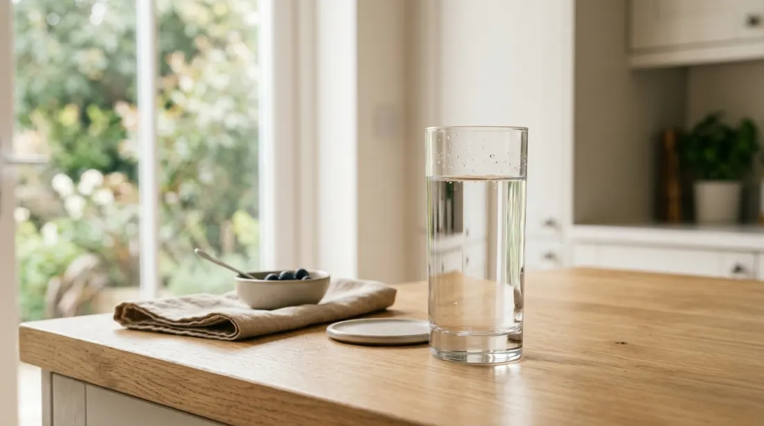 A tall glass of water on a clean kitchen counter in soft morning light