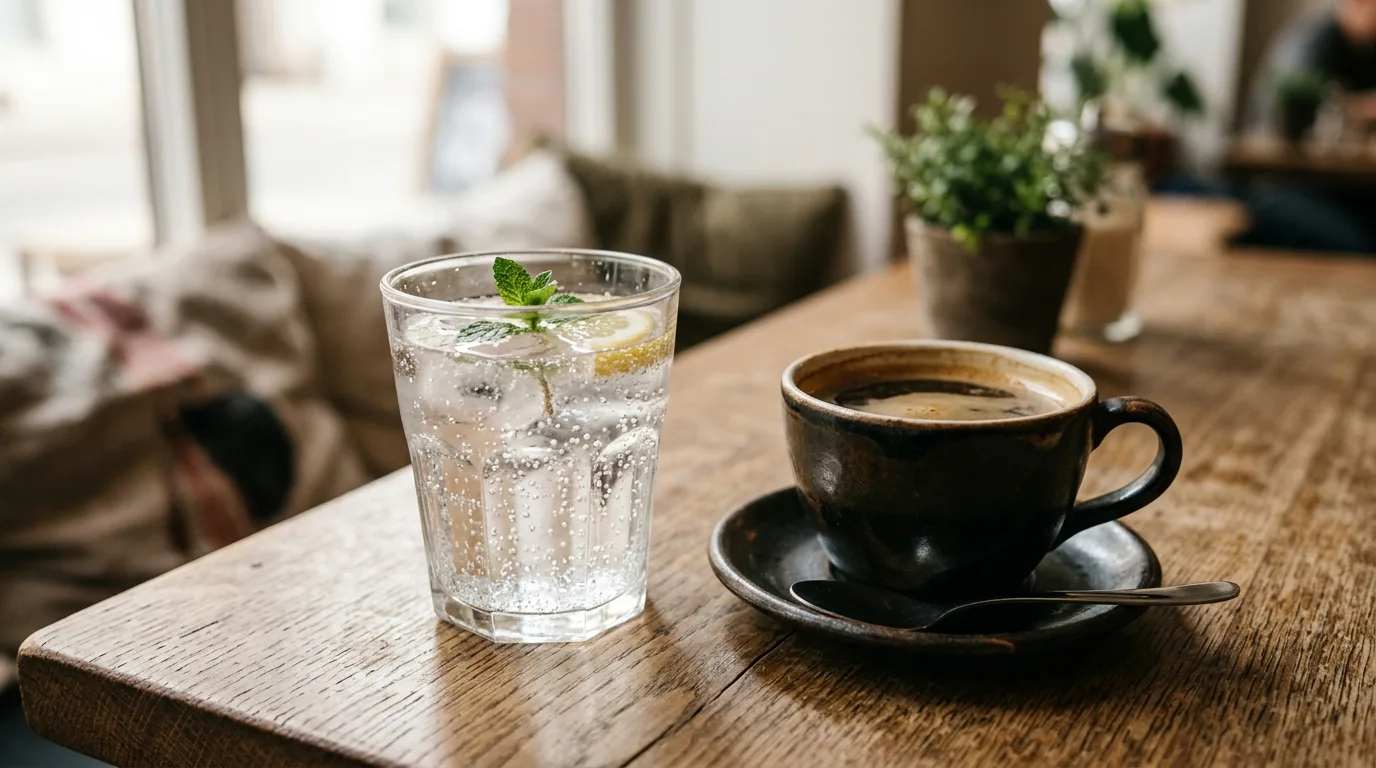 A glass of sparkling water and a cup of black coffee on a wooden table