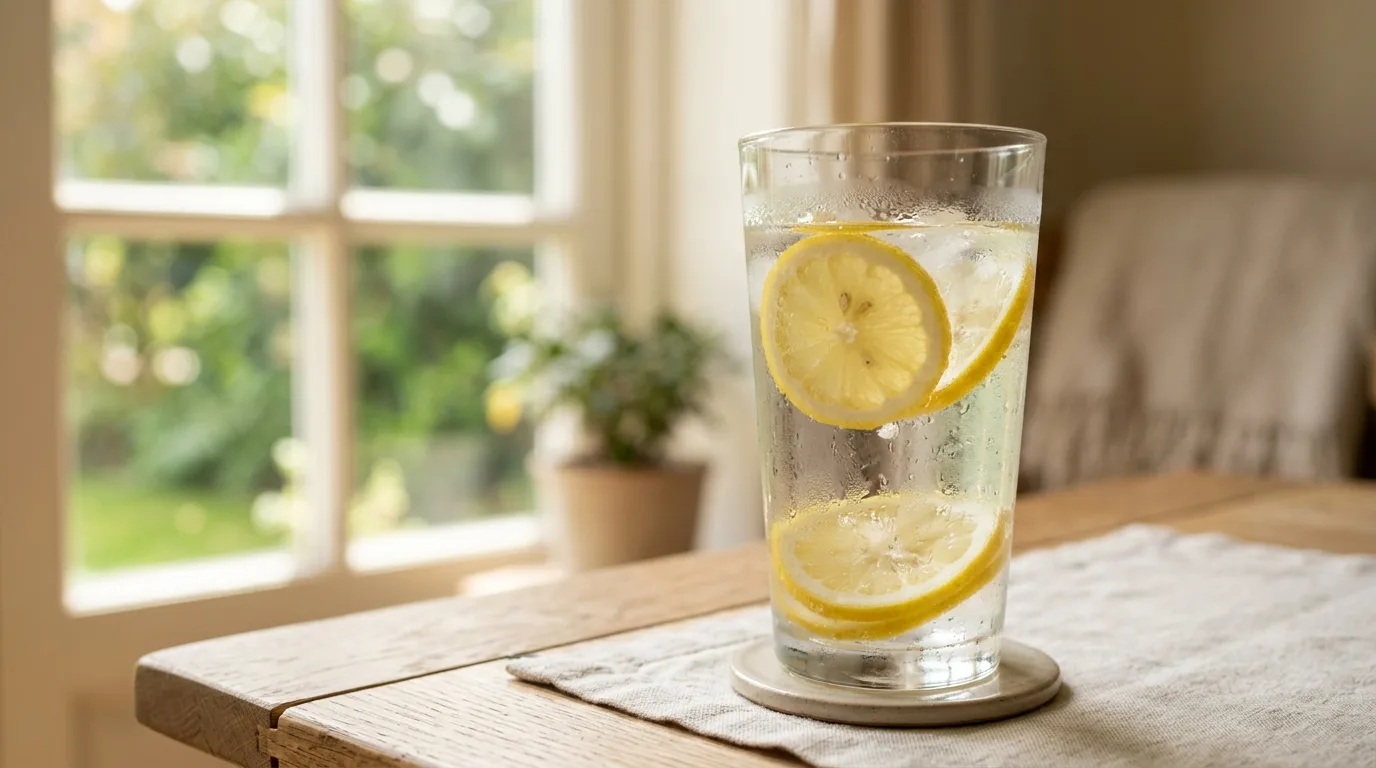 A tall glass of water with fresh lemon slices and condensation