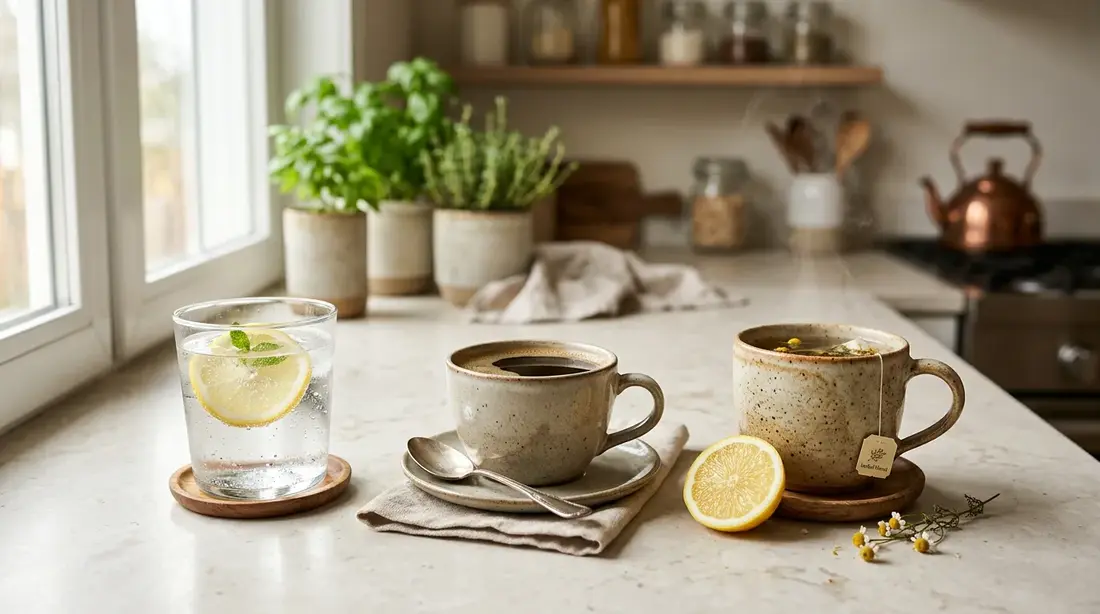 Illustration of fasting-friendly drinks: water, black coffee, and tea