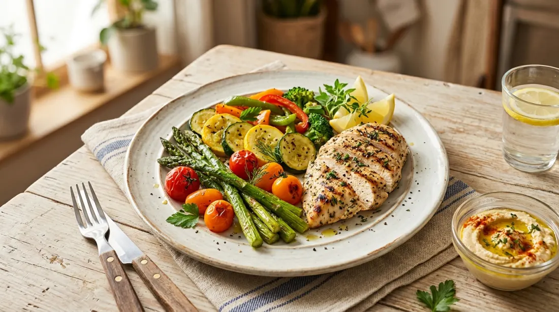 A colorful plate of protein and vegetables