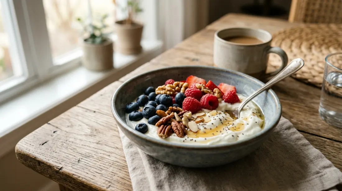 A bowl of Greek yogurt with berries and nuts