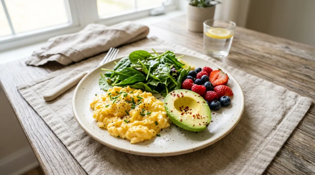 A balanced first meal of eggs, greens, avocado, and berries
